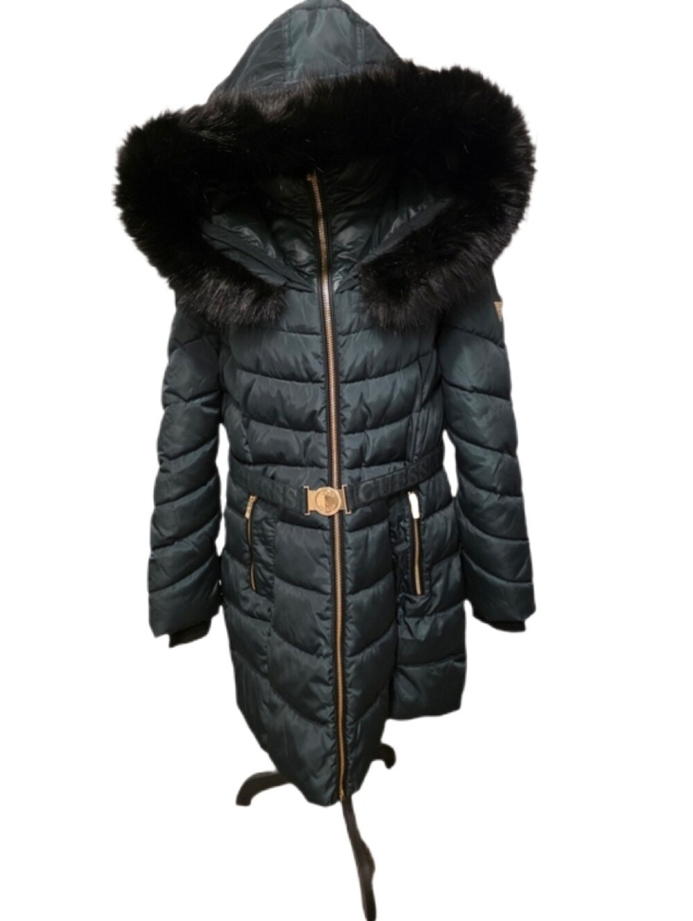 Guess Dark Green Quilted Hooded Puffer Coat with Black Faux Fur